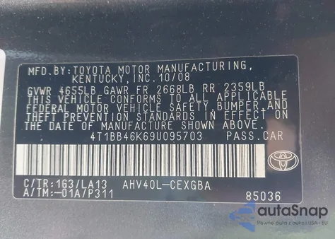 2009 Toyota Camry Hybrid z USA, uszkodzony, nr VIN 4T1BB46K69U095703